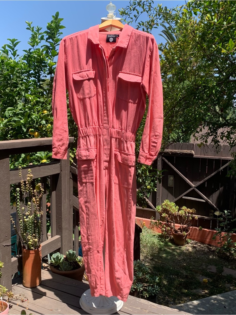 BOOHOO Pink Denim Long Sleeve One-Piece Jumpsuit size Small US 4